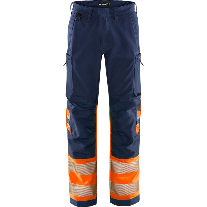 Fristads Hi-Vis Green 4-Way-Stretch Trousers Class 1 - 2647 GSTP Hi-Vis Orange/Navy Front1#colour_hi-vis-orange-navy