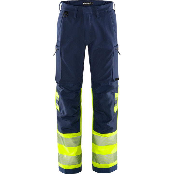 Fristads Hi-Vis Green 4-Way-Stretch Trousers Class 1 - 2647 GSTP Hi-Vis Yellow/Navy Front1#colour_hi-vis-yellow-navy