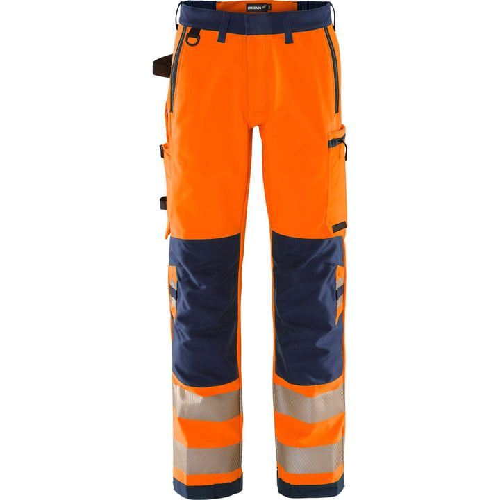 Fristads Hi-Vis Green 4-Way-Stretch Trousers Class 2 - 2645 GSTP Hi-Vis Orange/Navy Front1#colour_hi-vis-orange-navy