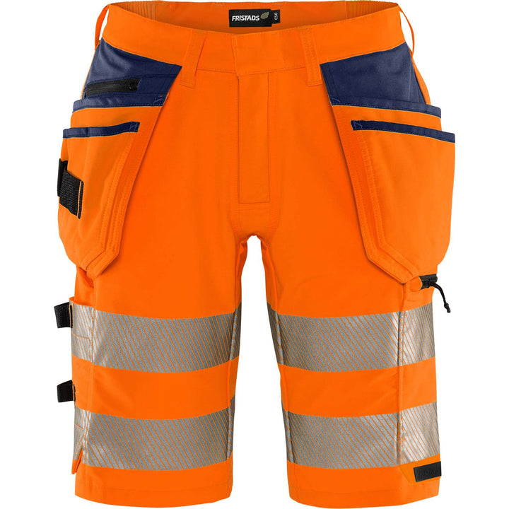 Fristads Hi-Vis Green Craftsman 4-Way-Stretch Holster Pocket Shorts Class 2 - 2646 GSTP Hi-Vis Orange/Navy Front1#colour_hi-vis-orange-navy