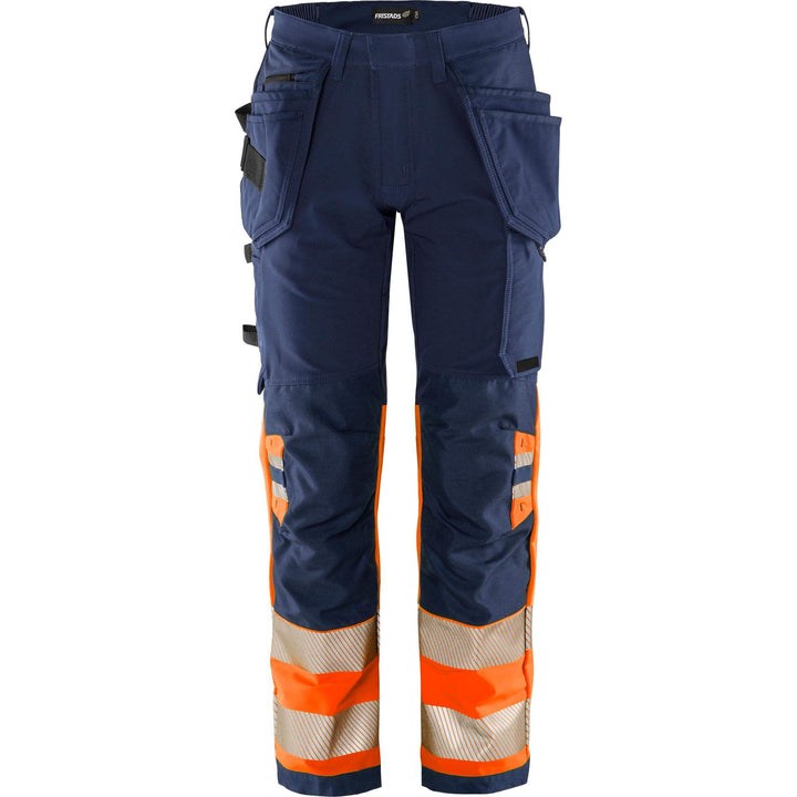 Fristads Hi-Vis Green Craftsman 4-Way-Stretch Holster Pocket Trousers Class 1 - 2643 GSTP Hi-Vis Orange/Navy Front1#colour_hi-vis-orange-navy