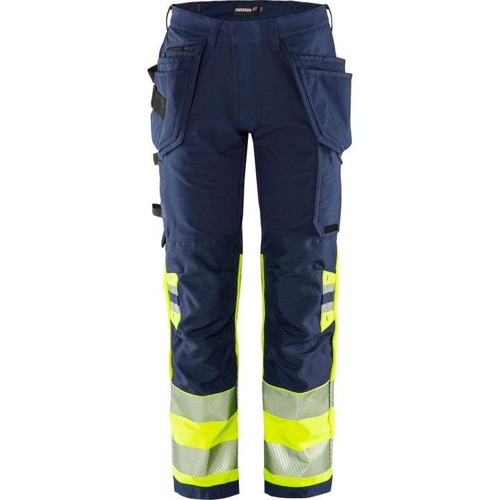 Fristads Hi-Vis Green Craftsman 4-Way-Stretch Holster Pocket Trousers Class 1 - 2643 GSTP Hi-Vis Yellow/Navy Front1#colour_hi-vis-yellow-navy