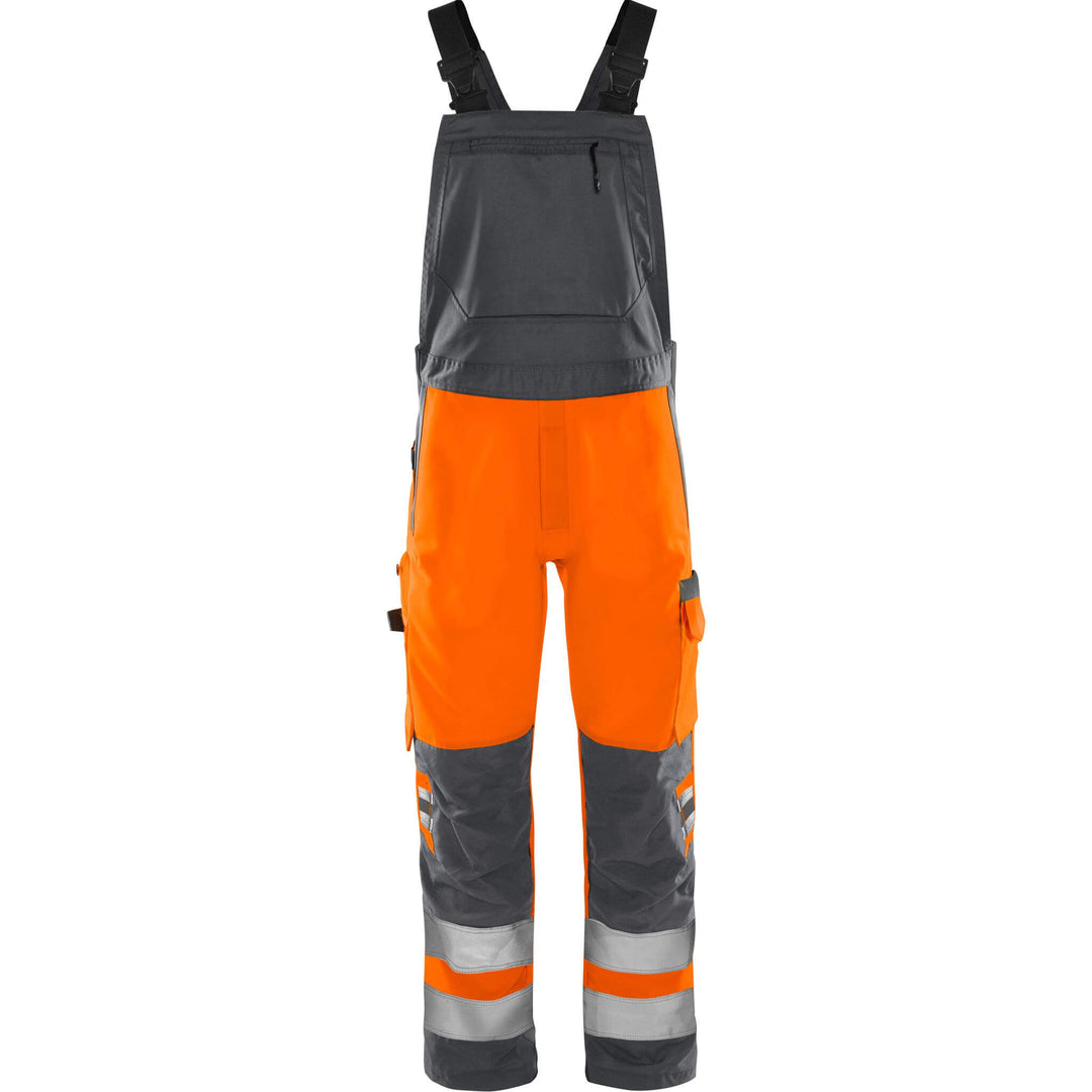 Fristads Hi-Vis Green Durable Lightweight Bib and Brace Class 2 - 1030 GPLU Hi-Vis Orange/Grey Front1#colour_hi-vis-orange-grey