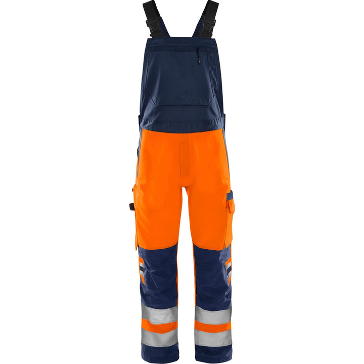 Fristads Hi-Vis Green Durable Lightweight Bib and Brace Class 2 - 1030 GPLU Hi-Vis Orange/Navy Front1#colour_hi-vis-orange-navy