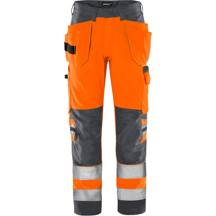 Fristads Hi-Vis Green Durable Lightweight Craftsman Holster Pocket Trousers Class 2 - 2641 GPLU Hi-Vis Orange/Grey Front1#colour_hi-vis-orange-grey