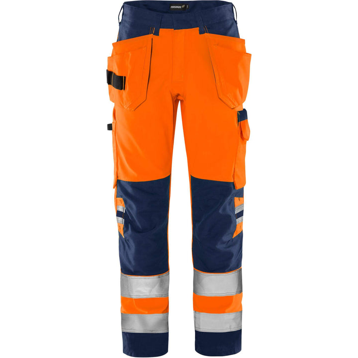 Fristads Hi-Vis Green Durable Lightweight Craftsman Holster Pocket Trousers Class 2 - 2641 GPLU Hi-Vis Orange/Navy Front1#colour_hi-vis-orange-navy
