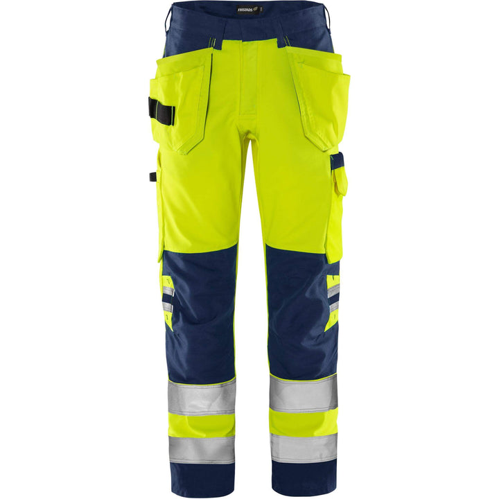 Fristads Hi-Vis Green Durable Lightweight Craftsman Holster Pocket Trousers Class 2 - 2641 GPLU Hi-Vis Yellow/Navy Front1#colour_hi-vis-yellow-navy