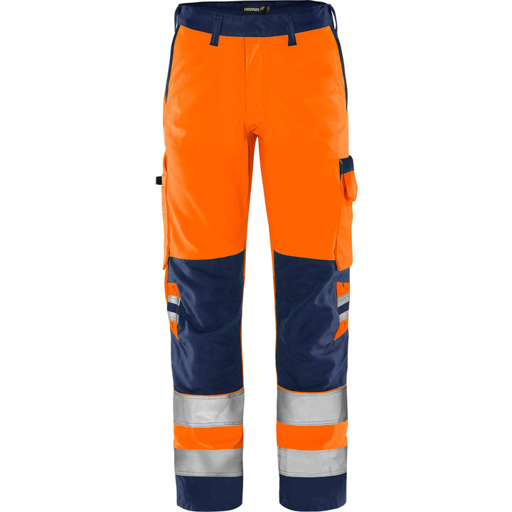 Fristads Hi-Vis Green Durable Lightweight Trousers Class 2 - 2651 GPLU Hi-Vis Orange/Navy Front1#colour_hi-vis-orange-navy