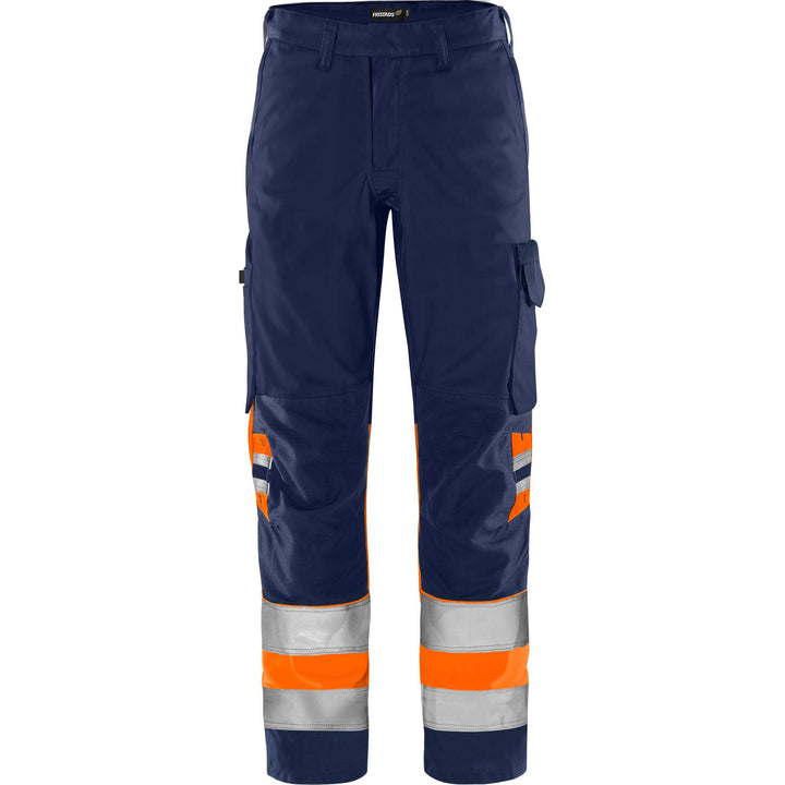 Fristads Hi-Vis Green Lightweight Durable Trousers Class 1 - 2649 GPLU Hi-Vis Orange/Navy Front1#colour_hi-vis-orange-navy