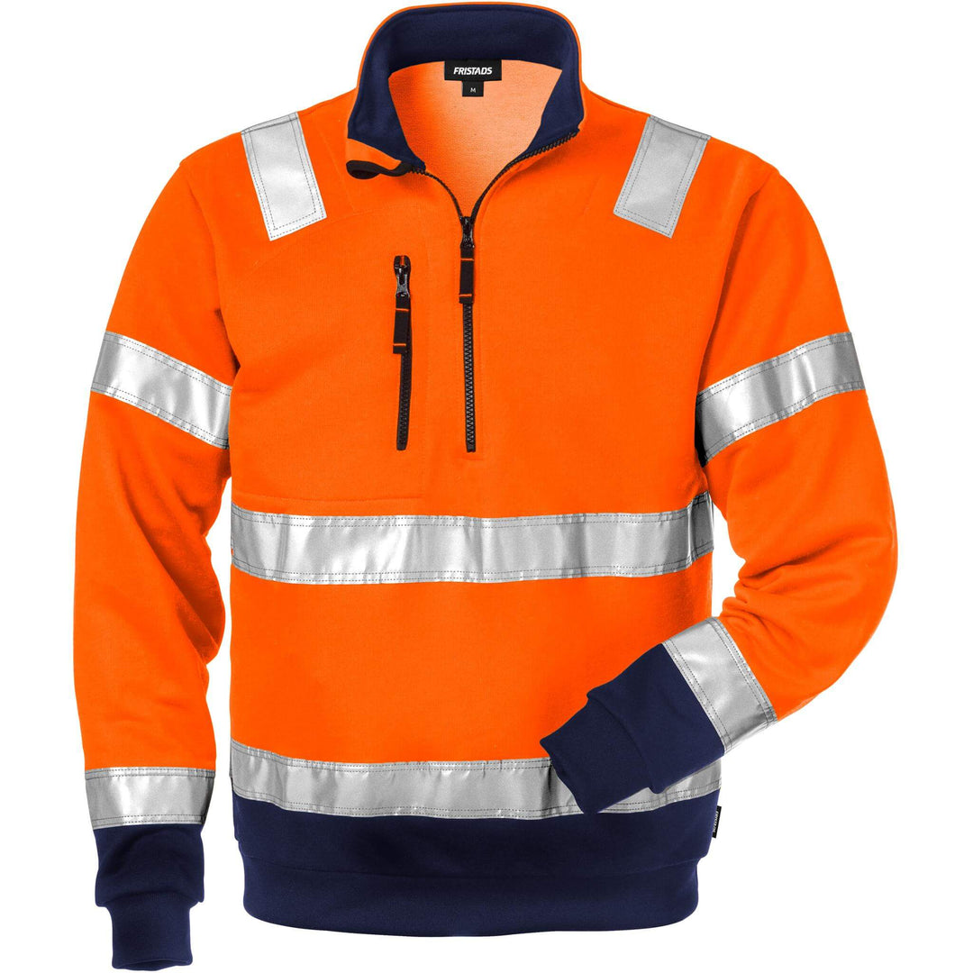 Fristads Hi-Vis Half-Zip Sweatshirt Class 3 - 728 SHV Hi-Vis Orange/Navy Front1#colour_hi-vis-orange-navy