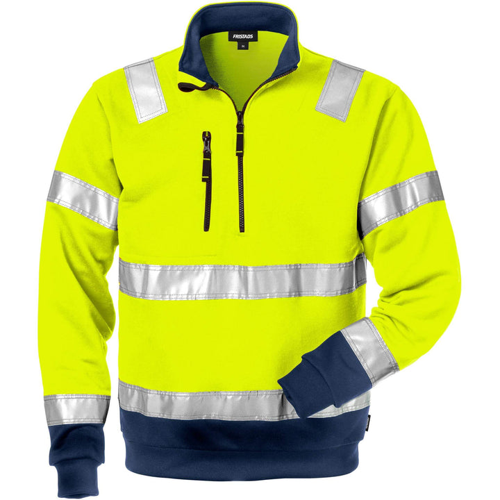 Fristads Hi-Vis Half-Zip Sweatshirt Class 3 - 728 SHV Hi-Vis Yellow/Navy Front1#colour_hi-vis-yellow-navy
