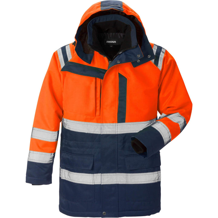 Fristads Hi-Vis Insulated Winter Parka Jacket Class 3 - 4042 PP Hi-Vis Orange/Navy Front1#colour_hi-vis-orange-navy