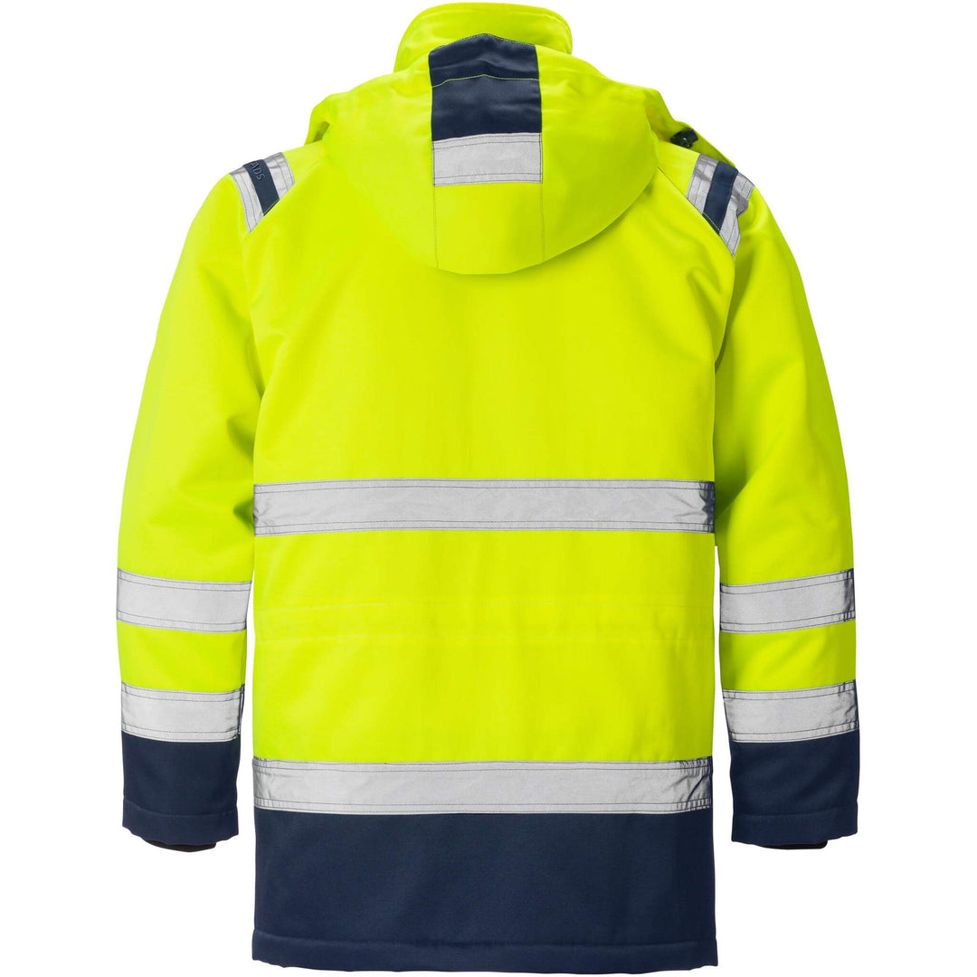 Fristads Hi-Vis Insulated Winter Parka Jacket Class 3 - 4042 PP Hi-Vis Yellow/Navy Back1#colour_hi-vis-yellow-navy