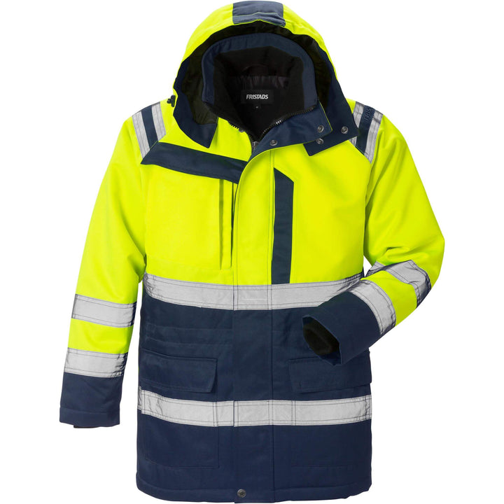 Fristads Hi-Vis Insulated Winter Parka Jacket Class 3 - 4042 PP Hi-Vis Yellow/Navy Front1#colour_hi-vis-yellow-navy