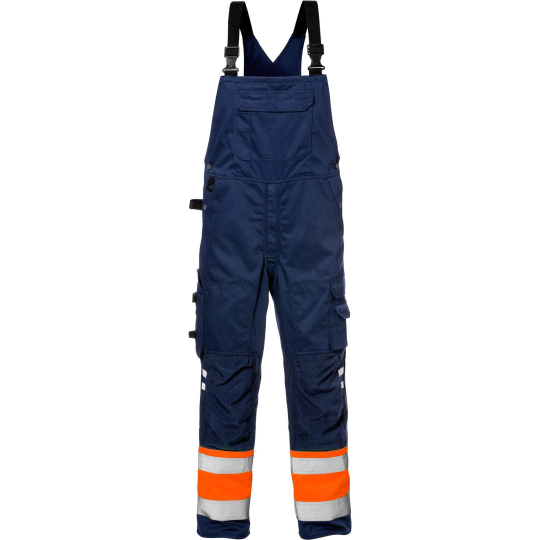 Fristads Hi-Vis Knee Pad Bib and Brace Class 1 - 1025 PLU Hi-Vis Orange/Navy Front1#colour_hi-vis-orange-navy