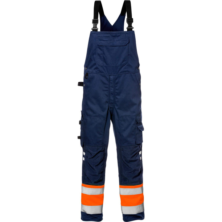 Fristads Hi-Vis Knee Pad Bib and Brace Class 1 - 1025 PLU Hi-Vis Orange/Navy Front1#colour_hi-vis-orange-navy