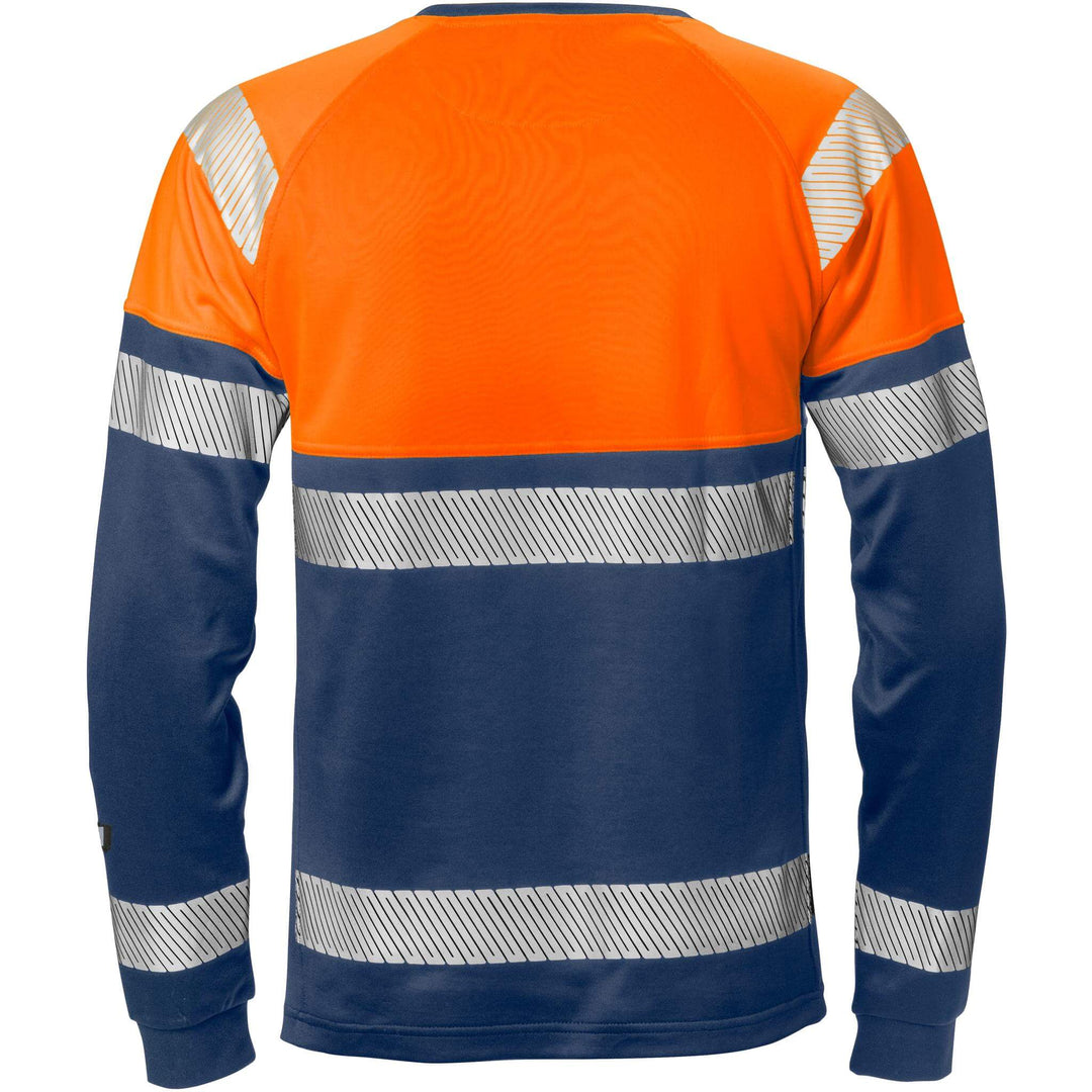 Fristads Hi-Vis Moisture-Wicking UV-Protective Long Sleeve T-Shirt Class 1 - 7519 THV Hi-Vis Orange/Navy Back1#colour_hi-vis-orange-navy