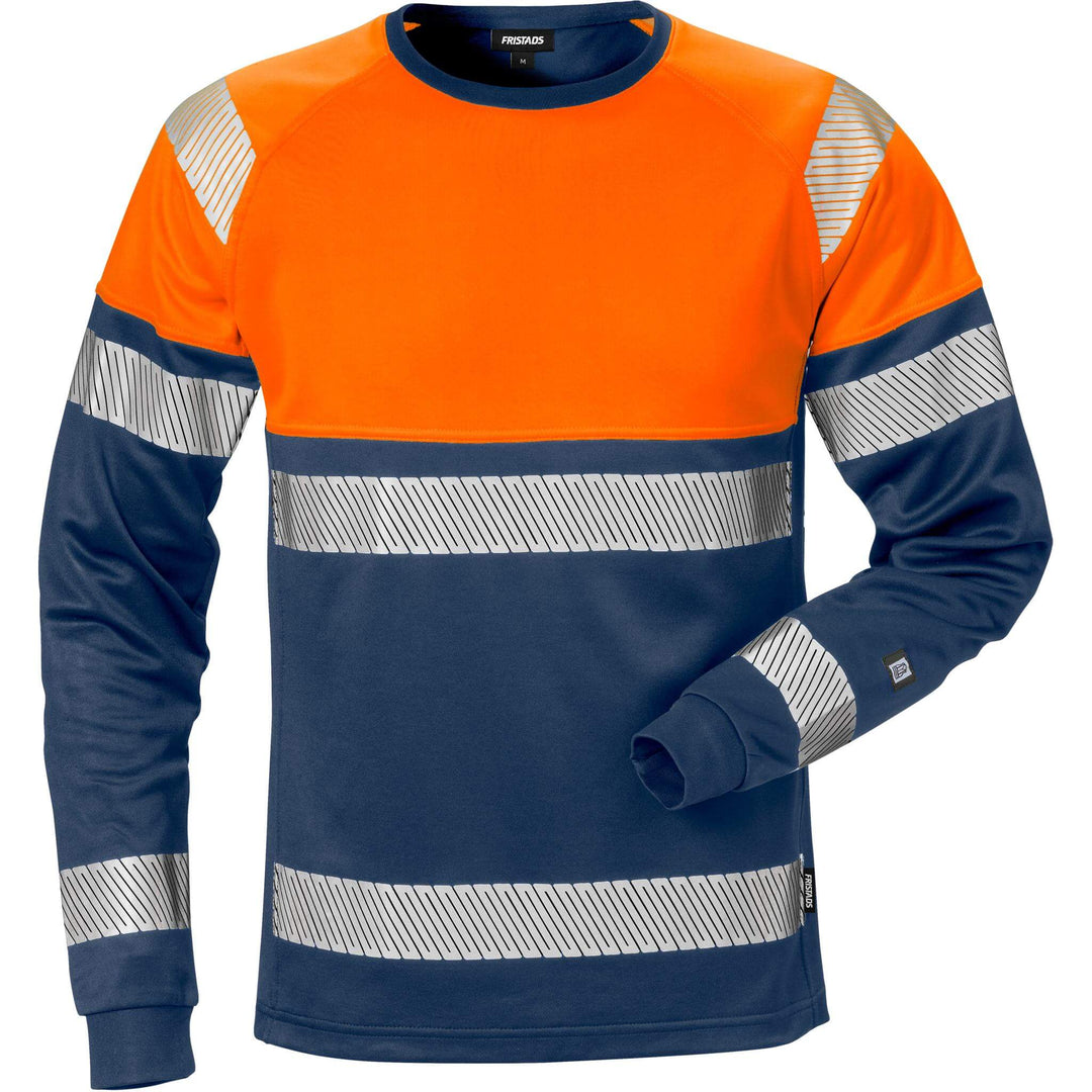 Fristads Hi-Vis Moisture-Wicking UV-Protective Long Sleeve T-Shirt Class 1 - 7519 THV Hi-Vis Orange/Navy Front1#colour_hi-vis-orange-navy