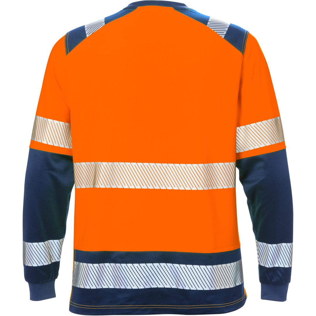 Fristads Hi-Vis Moisture-Wicking UV-Protective Long Sleeve T-Shirt Class 2 - 7457 THV Hi-Vis Orange/Navy Back1#colour_hi-vis-orange-navy