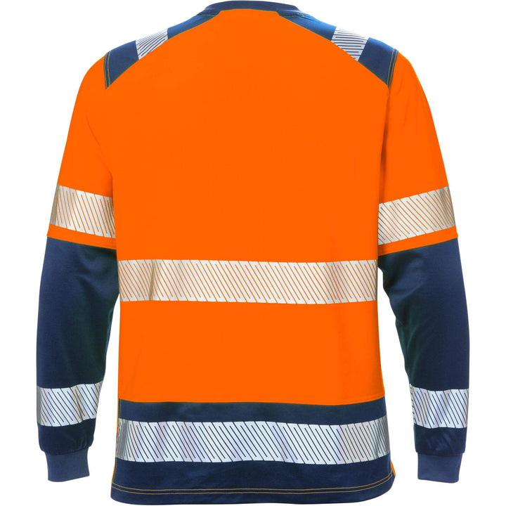 Fristads Hi-Vis Moisture-Wicking UV-Protective Long Sleeve T-Shirt Class 2 - 7457 THV Hi-Vis Orange/Navy Back1#colour_hi-vis-orange-navy