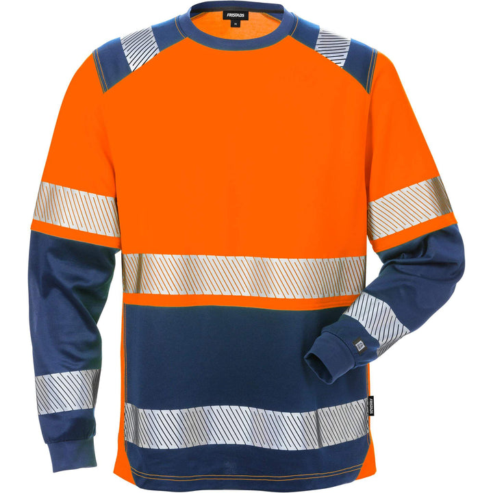 Fristads Hi-Vis Moisture-Wicking UV-Protective Long Sleeve T-Shirt Class 2 - 7457 THV Hi-Vis Orange/Navy Front1#colour_hi-vis-orange-navy