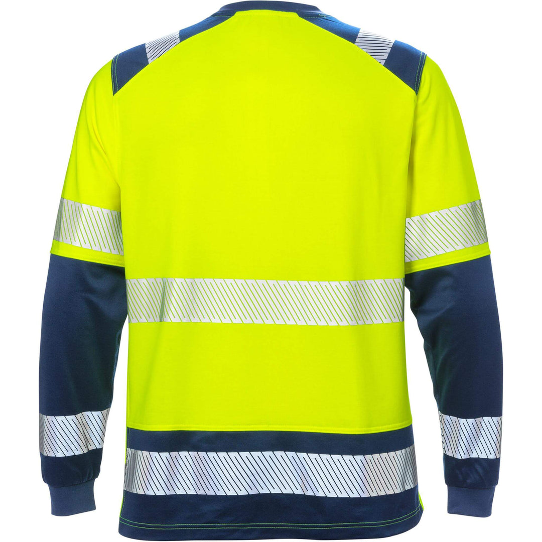 Fristads Hi-Vis Moisture-Wicking UV-Protective Long Sleeve T-Shirt Class 2 - 7457 THV Hi-Vis Yellow/Navy Back1#colour_hi-vis-yellow-navy