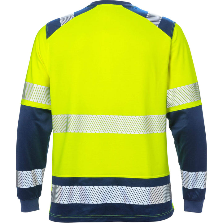Fristads Hi-Vis Moisture-Wicking UV-Protective Long Sleeve T-Shirt Class 2 - 7457 THV Hi-Vis Yellow/Navy Back1#colour_hi-vis-yellow-navy