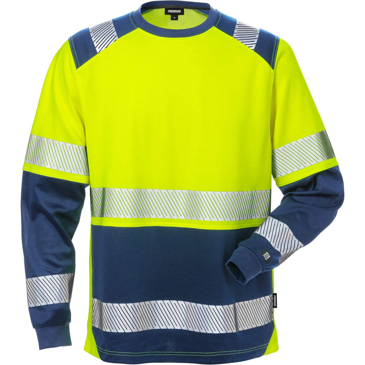 Fristads Hi-Vis Moisture-Wicking UV-Protective Long Sleeve T-Shirt Class 2 - 7457 THV Hi-Vis Yellow/Navy Front1#colour_hi-vis-yellow-navy