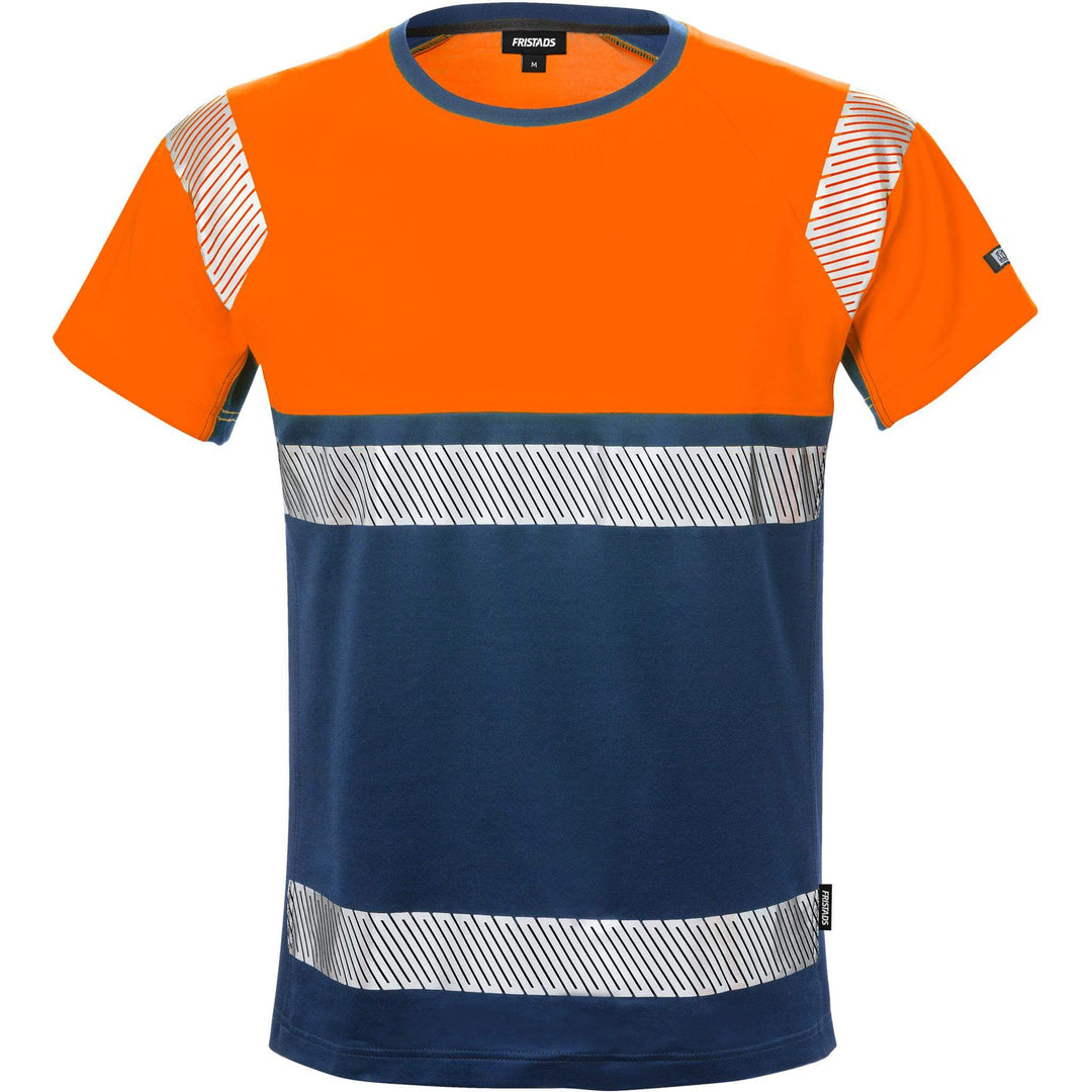 Fristads Hi-Vis Moisture-Wicking UV-Protective T-Shirt Class 1 - 7518 THV Hi-Vis Orange/Navy Front1#colour_hi-vis-orange-navy