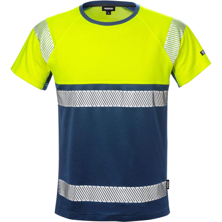 Fristads Hi-Vis Moisture-Wicking UV-Protective T-Shirt Class 1 - 7518 THV Hi-Vis Yellow/Navy Front1#colour_hi-vis-yellow-navy