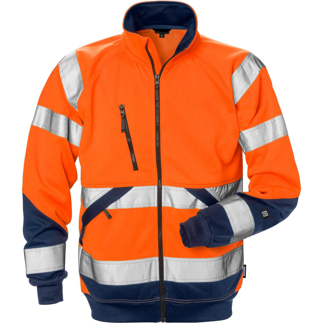 Fristads Hi-Vis Sweatshirt Jacket Class 3 - 7426 SHV Hi-Vis Orange/Navy Front1#colour_hi-vis-orange-navy