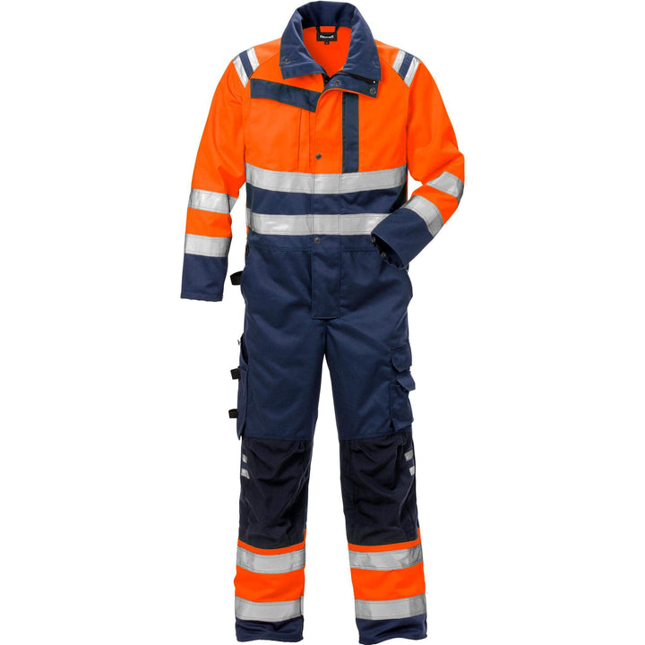 Fristads Hi-Vis UV Protective Knee Pad Coverall Class 3 - 8026 PLU Hi-Vis Orange/Navy Front1#colour_hi-vis-orange-navy