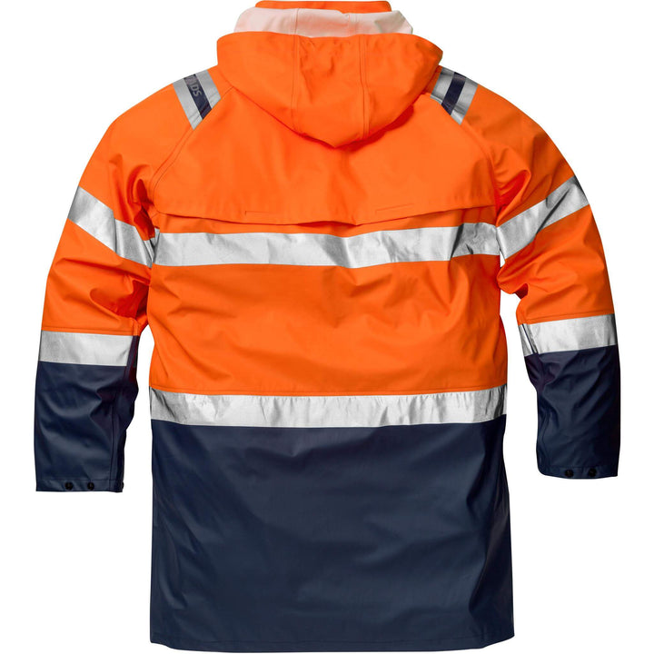 Fristads Hi-Vis Waterproof Breathable Detachable Hood Rain Coat Class 3 - 4634 RS Hi-Vis Orange/Navy Back1#colour_hi-vis-orange-navy