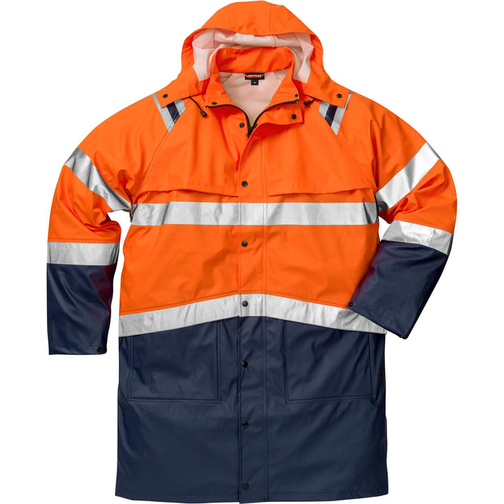 Fristads Hi-Vis Waterproof Breathable Detachable Hood Rain Coat Class 3 - 4634 RS Hi-Vis Orange/Navy Front1#colour_hi-vis-orange-navy