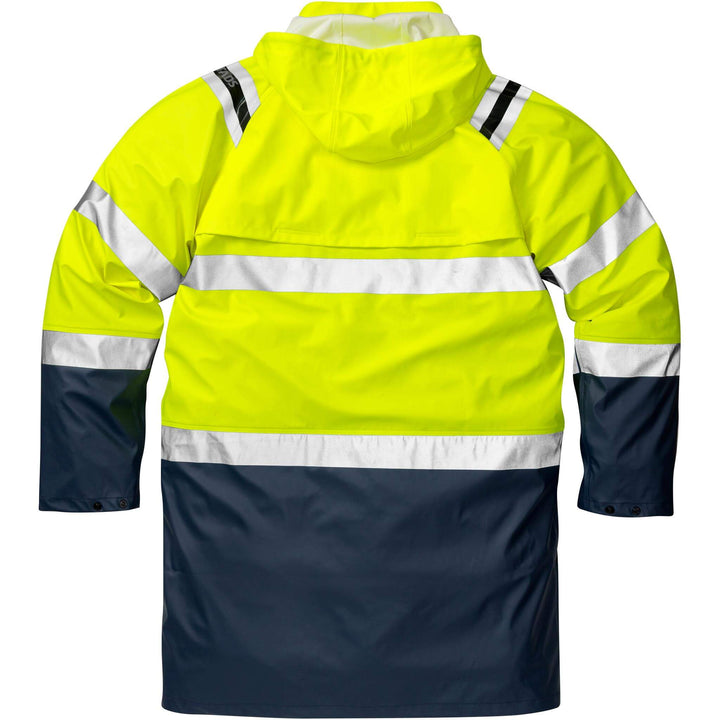 Fristads Hi-Vis Waterproof Breathable Detachable Hood Rain Coat Class 3 - 4634 RS Hi-Vis Yellow/Navy Back1#colour_hi-vis-yellow-navy