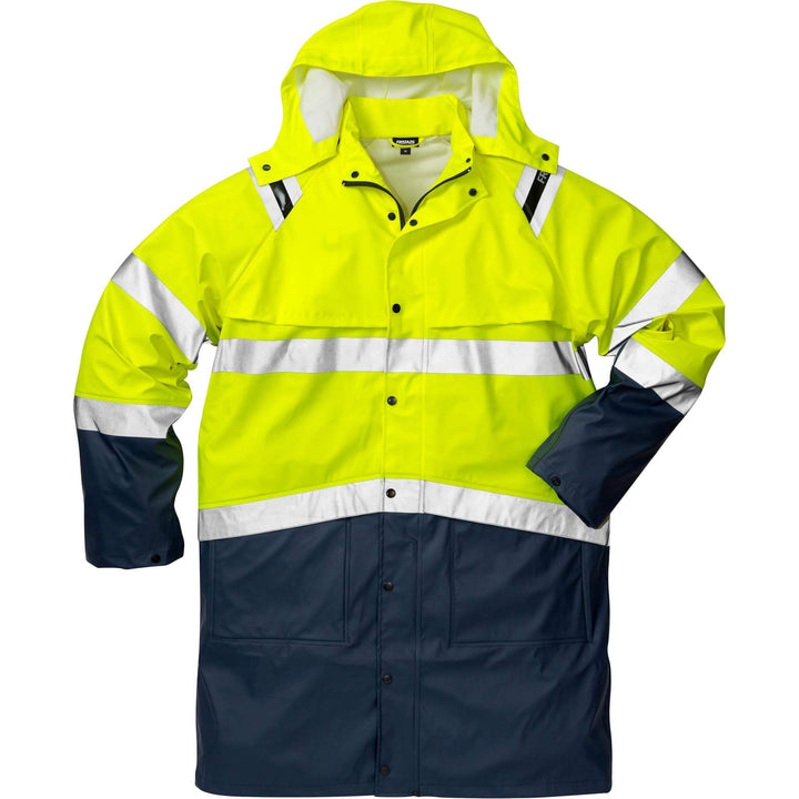 Fristads Hi-Vis Waterproof Breathable Detachable Hood Rain Coat Class 3 - 4634 RS Hi-Vis Yellow/Navy Front1#colour_hi-vis-yellow-navy