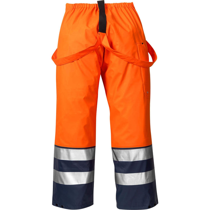 Fristads Hi-Vis Waterproof Breathable Elasticated Waist Rain Trousers Class 2 - 2625 RS Hi-Vis Orange/Navy Back1#colour_hi-vis-orange-navy