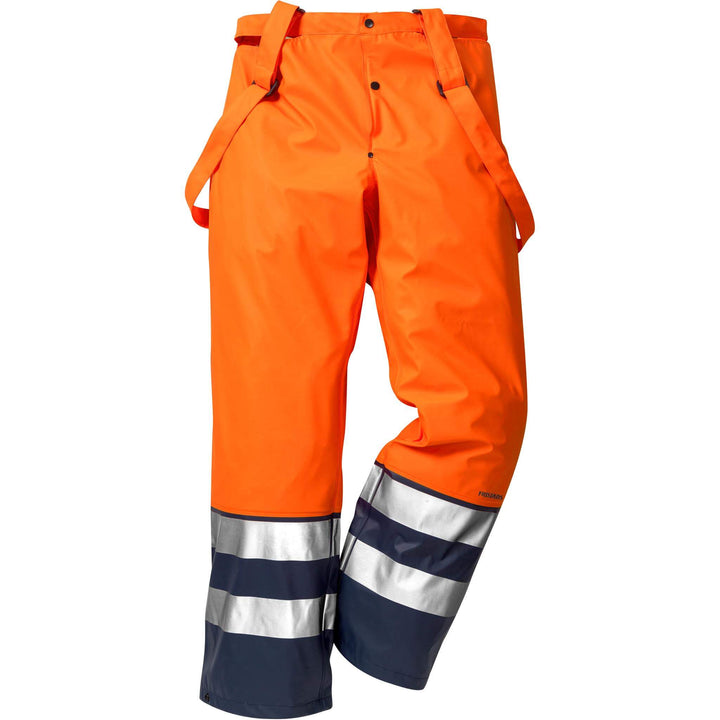 Fristads Hi-Vis Waterproof Breathable Elasticated Waist Rain Trousers Class 2 - 2625 RS Hi-Vis Orange/Navy Front1#colour_hi-vis-orange-navy