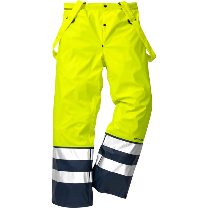 Fristads Hi-Vis Waterproof Breathable Elasticated Waist Rain Trousers Class 2 - 2625 RS Hi-Vis Yellow/Navy Front1#colour_hi-vis-yellow-navy