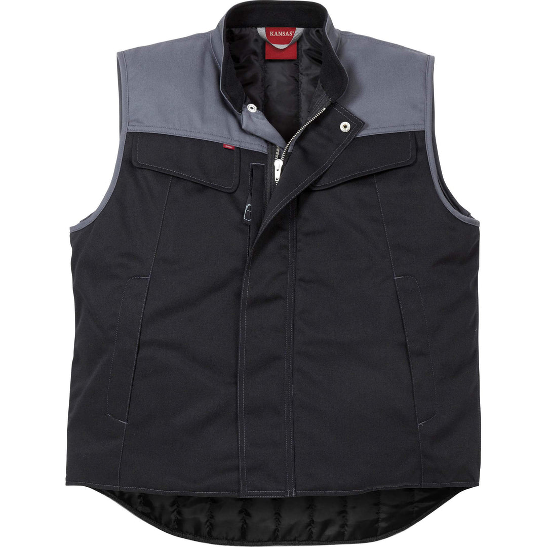 Fristads Kansas Icon Quilted THermal Waistcoat Black/Grey Front1#colour_black-grey
