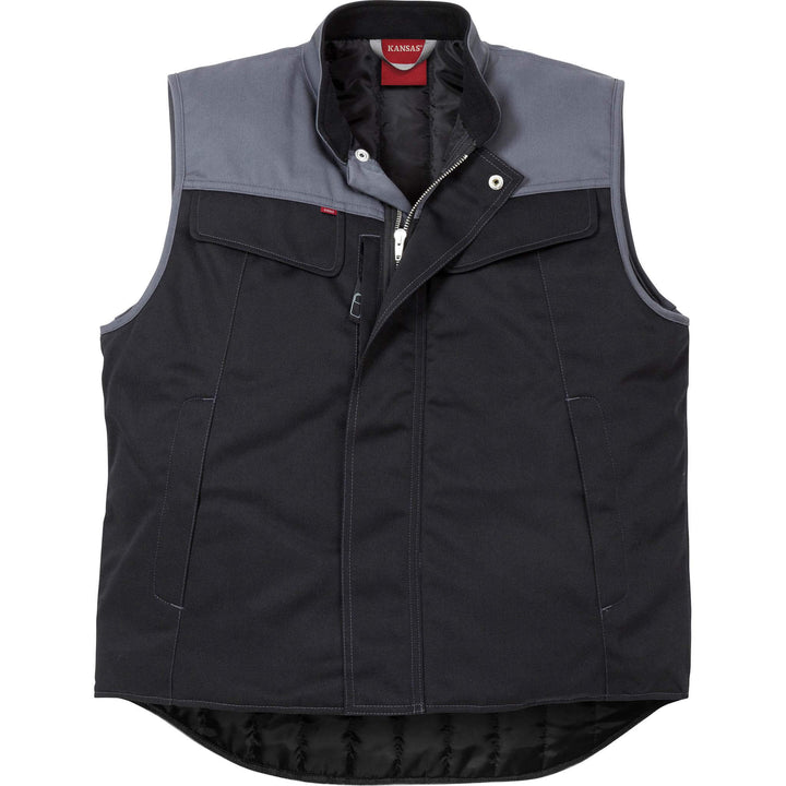 Fristads Kansas Icon Quilted THermal Waistcoat Black/Grey Front1#colour_black-grey