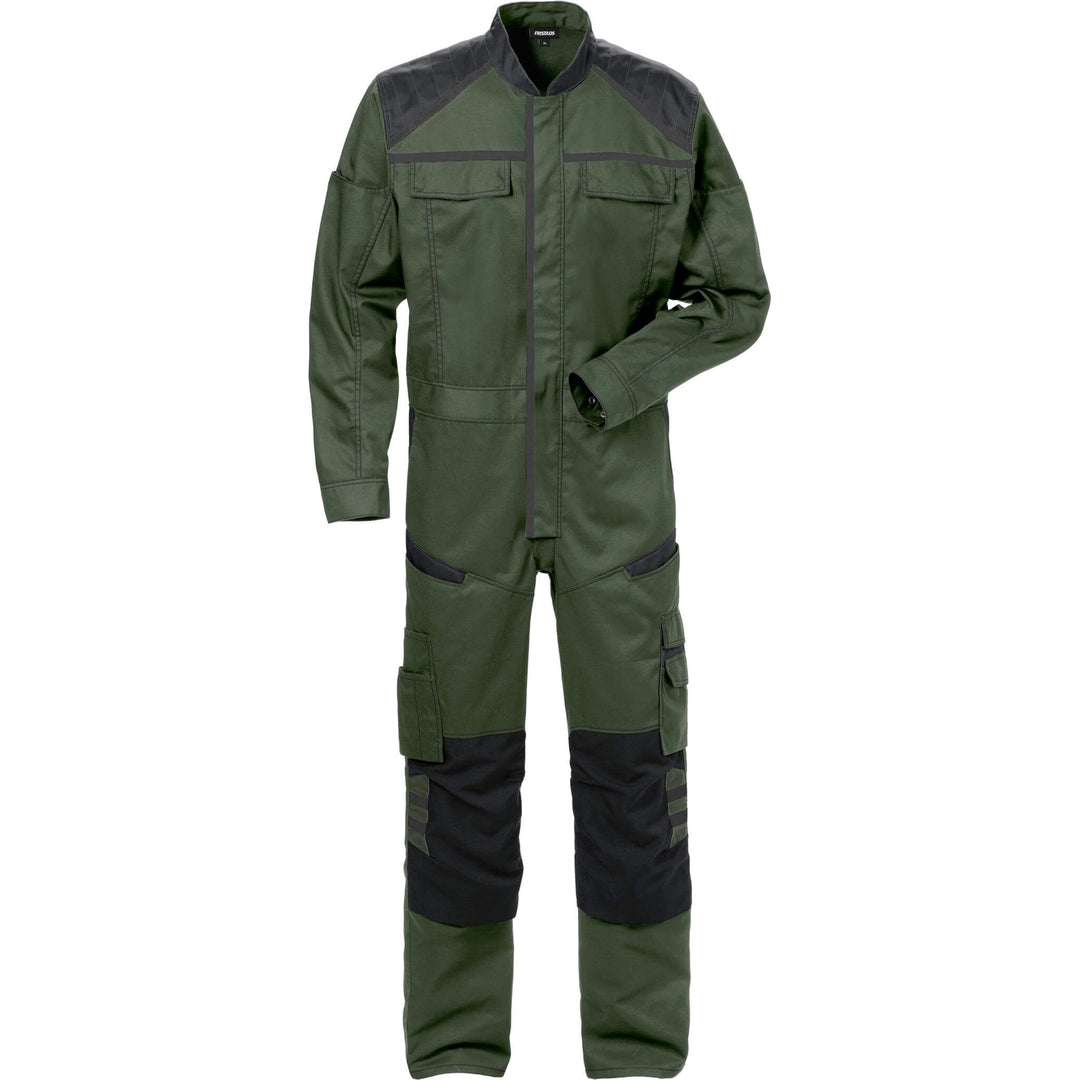 Fristads Mechanical Stretch Fabric Knee Pad Coverall - 8555 STFP Army Green/Black Front1#colour_army-green-black