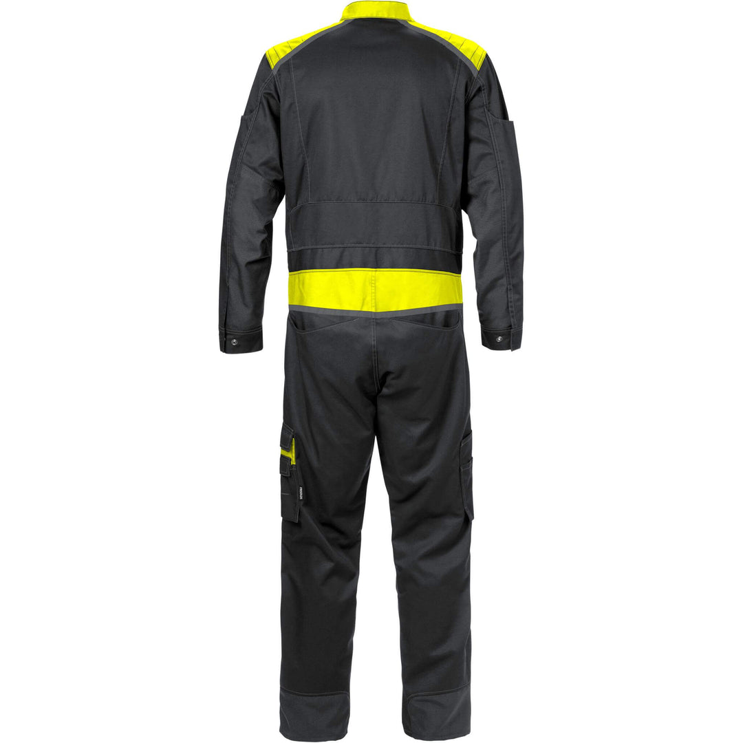 Fristads Mechanical Stretch Fabric Knee Pad Coverall - 8555 STFP Black/Hi-Vis Yellow Back1#colour_black-hi-vis-yellow