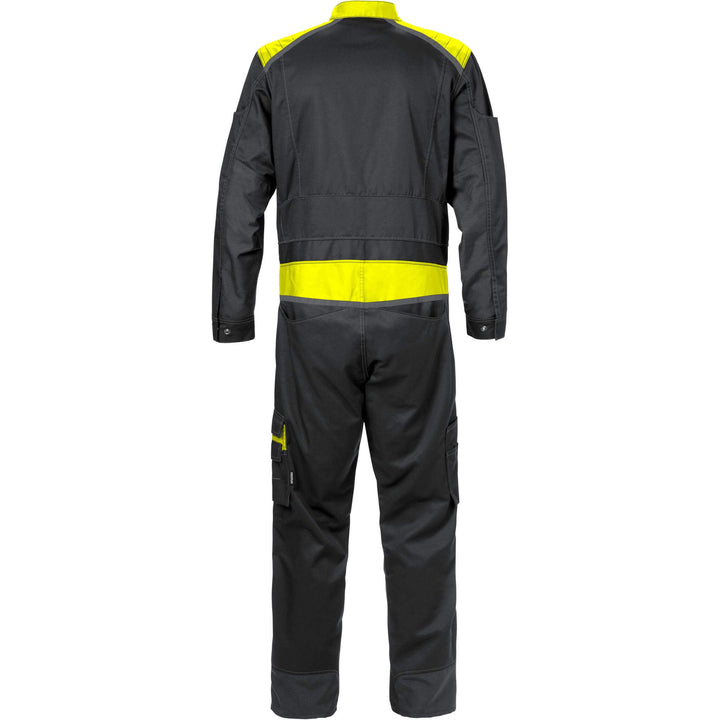 Fristads Mechanical Stretch Fabric Knee Pad Coverall - 8555 STFP Black/Hi-Vis Yellow Back1#colour_black-hi-vis-yellow