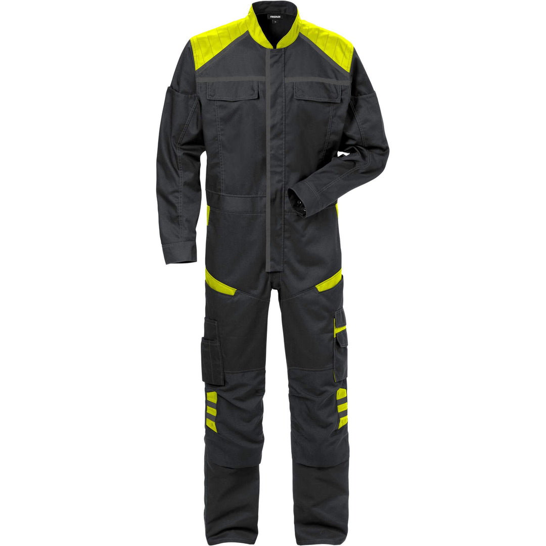 Fristads Mechanical Stretch Fabric Knee Pad Coverall - 8555 STFP Black/Hi-Vis Yellow Front1#colour_black-hi-vis-yellow