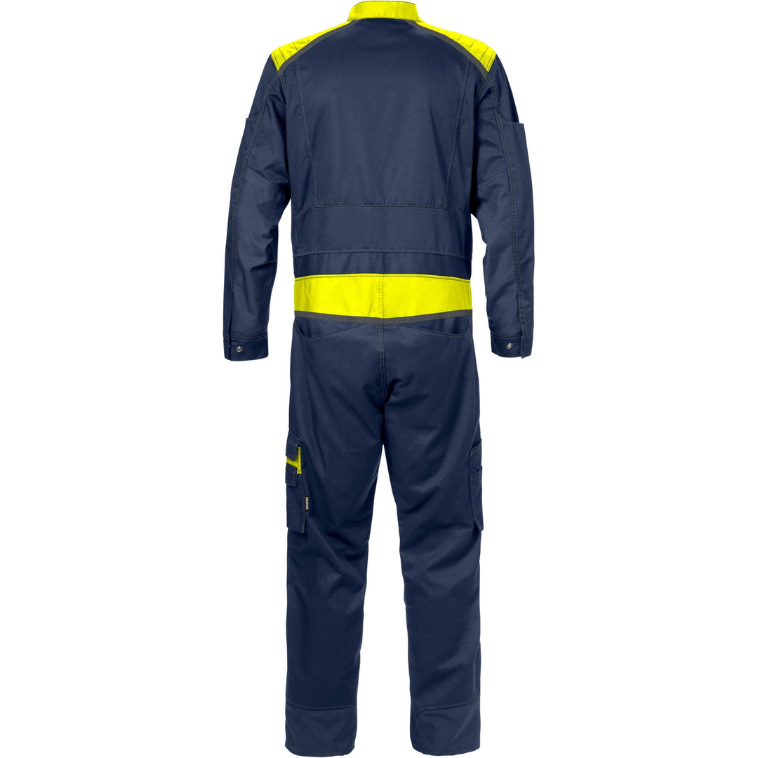 Fristads Mechanical Stretch Fabric Knee Pad Coverall - 8555 STFP Navy/Hi-Vis Yellow Back1#colour_navy-hi-vis-yellow