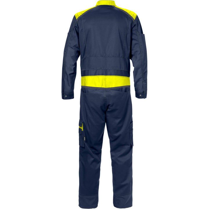 Fristads Mechanical Stretch Fabric Knee Pad Coverall - 8555 STFP Navy/Hi-Vis Yellow Back1#colour_navy-hi-vis-yellow