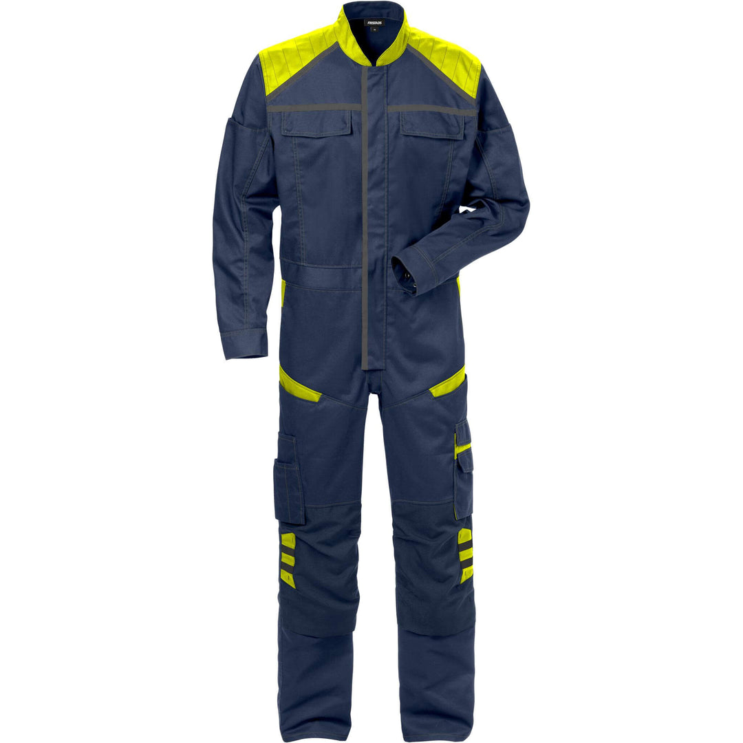 Fristads Mechanical Stretch Fabric Knee Pad Coverall - 8555 STFP Navy/Hi-Vis Yellow Front1#colour_navy-hi-vis-yellow