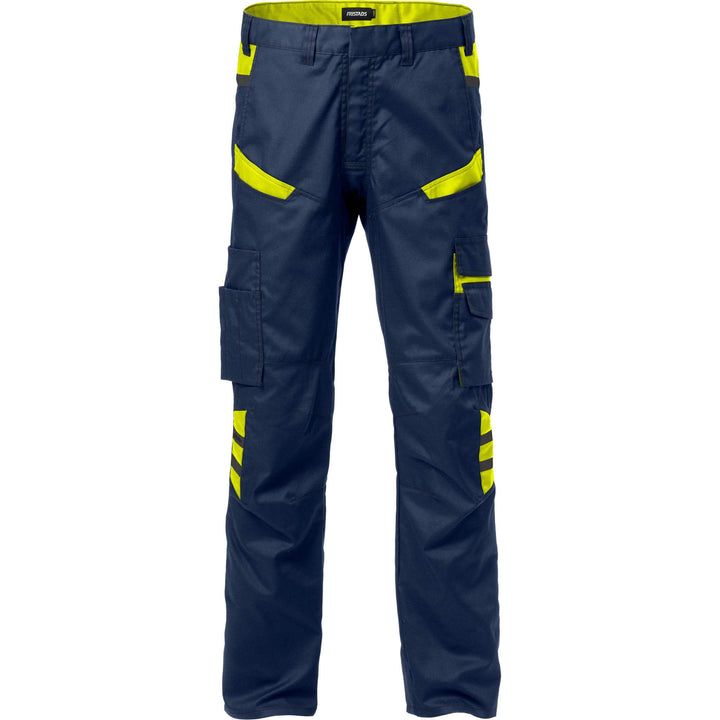 Fristads Mechanical Stretch Trousers - 2552 STFP Navy/Hi-Vis Yellow Front1#colour_navy-hi-vis-yellow