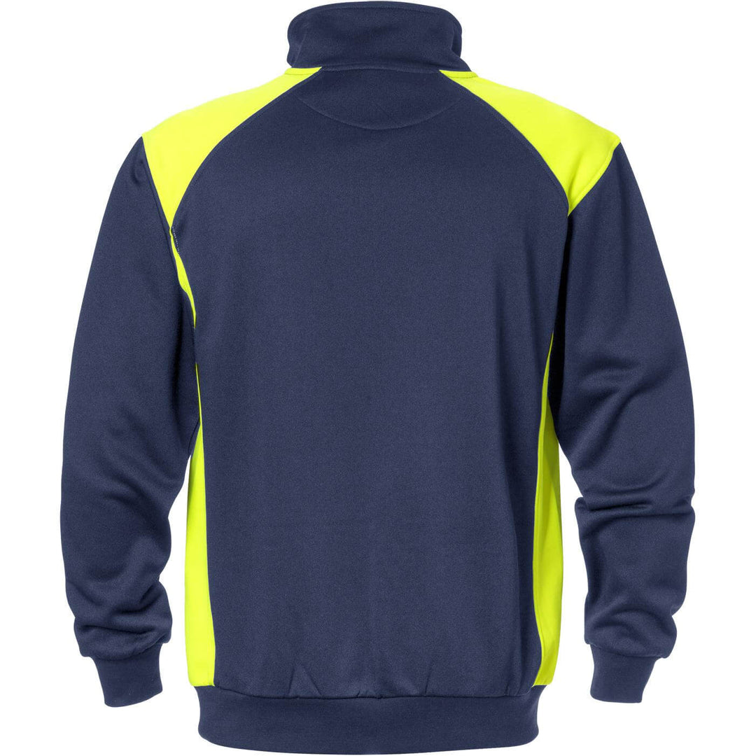 Fristads Moisture-Wicking UV-Protective Half-Zip Sweatshirt - 7048 SHV Navy/Hi-Vis Yellow Back1#colour_navy-hi-vis-yellow